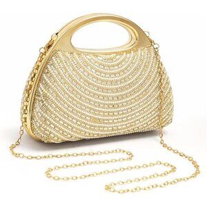 Golden Pearl Rhinestone Bow Flip Clutch for Women - Wedding Prom Cocktail Bag: